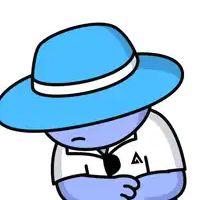 a blue cartoon character wearing a blue hat and a white shirt with an a on it
