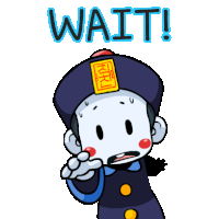 a cartoon character with a hat and a sticker that says wait