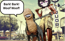 a cartoon of a girl holding a bat and a peanut on a leash with bark bark woof woof written on it