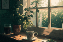 a cup of coffee sits on a saucer on a window sill