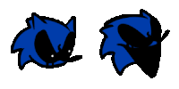 a drawing of a blue sonic the hedgehog with black eyes and a black shadow .