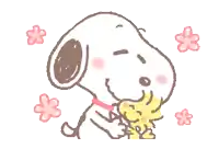 a cartoon of snoopy hugging woodstock with pink flowers surrounding him