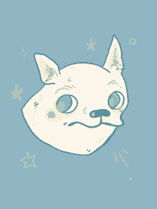 a drawing of a dog 's face on a blue background with stars around it