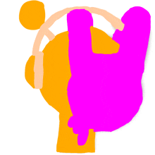 a drawing of a person holding a ball with a purple and orange background