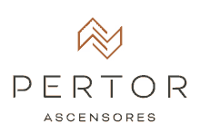 a logo for pertor ascensores with an orange arrow in the center