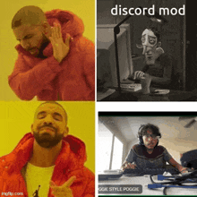 a man in a red jacket is making a funny face in front of a computer screen with the words discord mod written on it