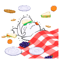 a cartoon of a dog laying on a checkered table cloth with plates and grapes