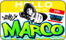 a hello my name is marco sign with a wizard name tag