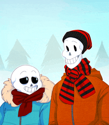 a couple of skeletons wearing scarves and hats standing next to each other