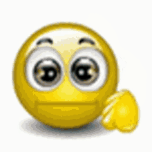 a yellow smiley face with big eyes is holding a yellow object in front of its face .