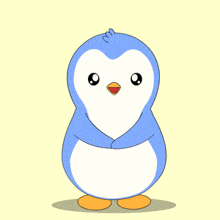 a blue and white penguin holding pink hearts