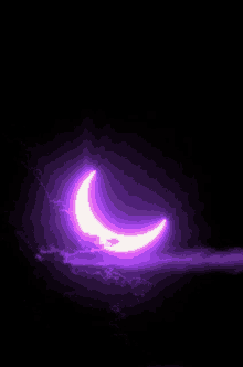 a purple crescent moon is shining brightly in the dark night sky .