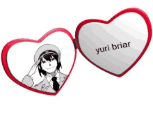 a heart shaped mirror with a picture of a man and the word yuri briar on it