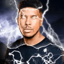 a man is standing in front of a lightning storm with lightning coming out of his eyes .