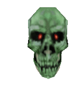 a green skull with red eyes against a white backdrop
