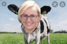 a woman with glasses is standing next to a cow