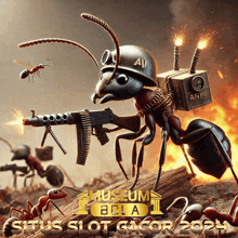 an advertisement for museum bola shows a giant ant with guns