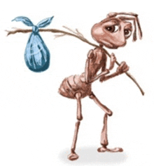 a cartoon ant is carrying a bag on a branch .