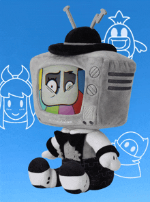 a stuffed toy that looks like a television with a colorful face on it