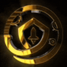 a gold circle with a shield and a rocket in the middle on a black background .