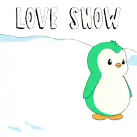 a green and white penguin is laying in the snow with the words love snow above it