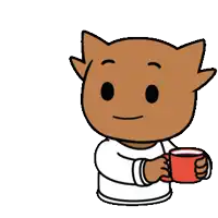 a cartoon of a cat holding a red cup of coffee