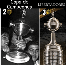 a black and white photo of a trophy with the words copa de campeones