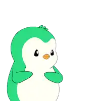 a green and white penguin surrounded by red hearts on a white background