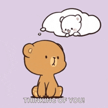 a brown teddy bear is sitting down with a thought bubble above his head and thinking of another teddy bear .
