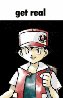 a cartoon of a boy wearing a hat and carrying a backpack with the words `` get real '' written above him .