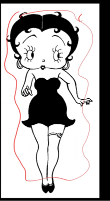 a black and white drawing of betty boop with a red outline