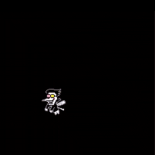 a pixel art of a cartoon character in a black background