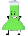 a green beaker with a face and arms and legs is smiling and dancing .