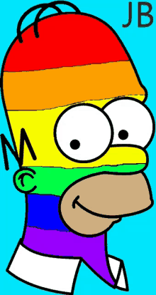 a cartoon of homer simpson wearing a rainbow hat with the letter jb below him