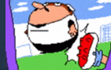 a pixel art drawing of a cartoon character with a red shoe .