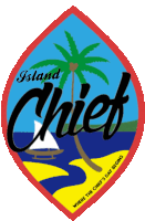 an island chief logo with a palm tree and a sailboat