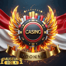 a logo for a casino in indonesia with flames and wings