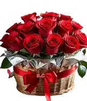 a wicker basket filled with red roses with a red ribbon and a c on the bottom