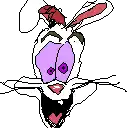 a pixel art drawing of a white rabbit with purple eyes
