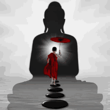 a man in a red robe is walking in front of a buddha with an umbrella