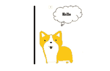 a yellow and white dog with a thought bubble saying hello