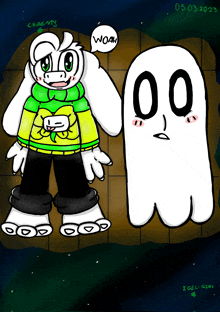 a drawing of a goat and a ghost that says woah on it