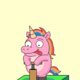 a cartoon of a pink unicorn with a rainbow mane