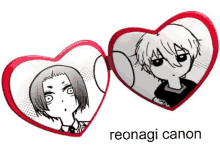 a couple of heart shaped mirrors with the name reonagi canon