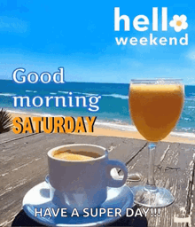 a cup of coffee and a glass of orange juice on a wooden table on the beach .