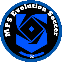 a logo for mps evolution soccer with a blue square