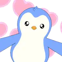 a pink penguin is surrounded by pink hearts and has its arms outstretched