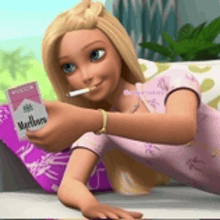 a barbie doll is sitting on a couch smoking a cigarette while holding a pack of marlboro cigarettes .
