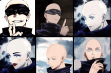 a collage of images of a bald man and a woman with blue eyes