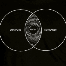 a black and white diagram of discipline , flow , and surrender on a black background .